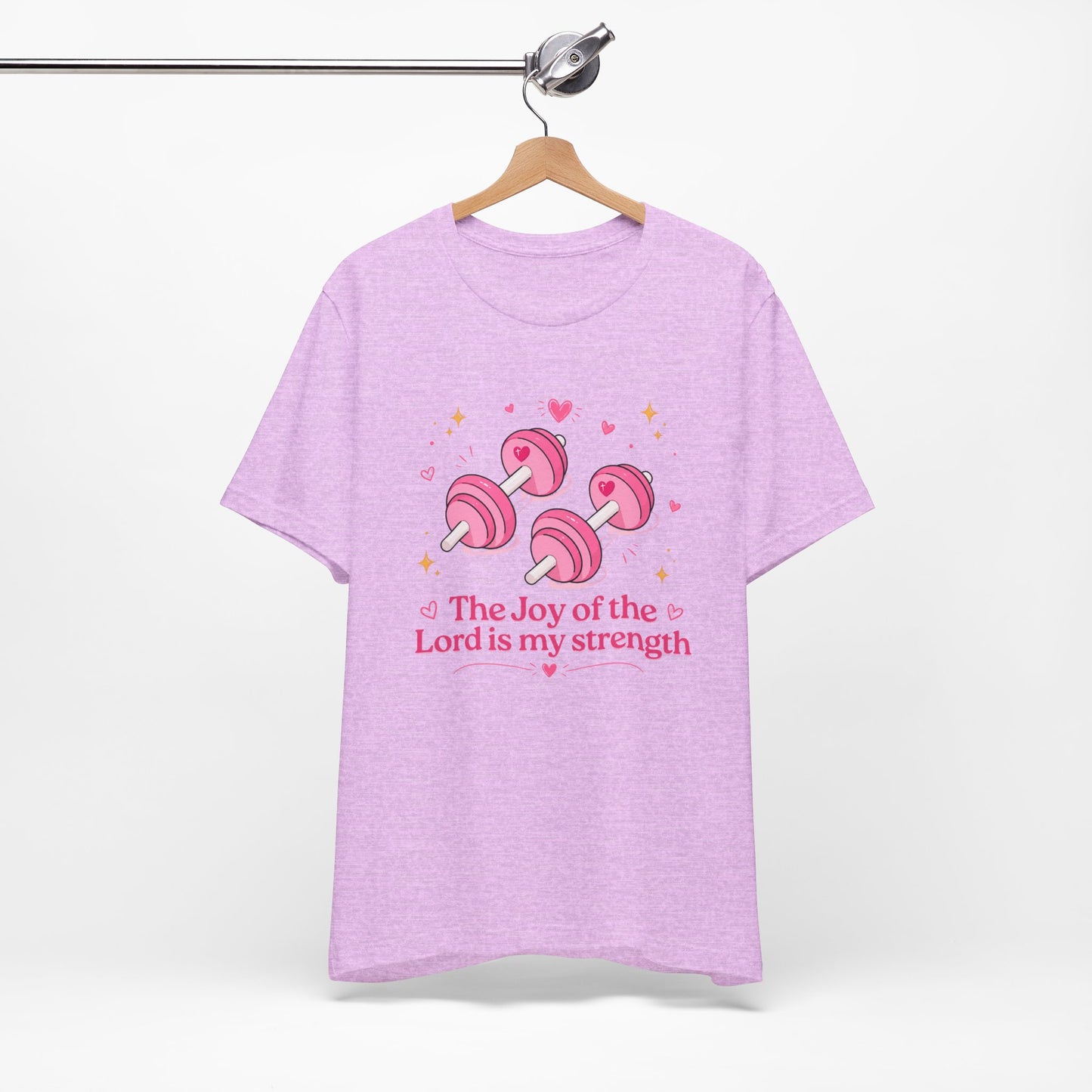 Christian Fitness T-Shirt — “The Joy of the Lord is My Strength” Pink Dumbbells Tee