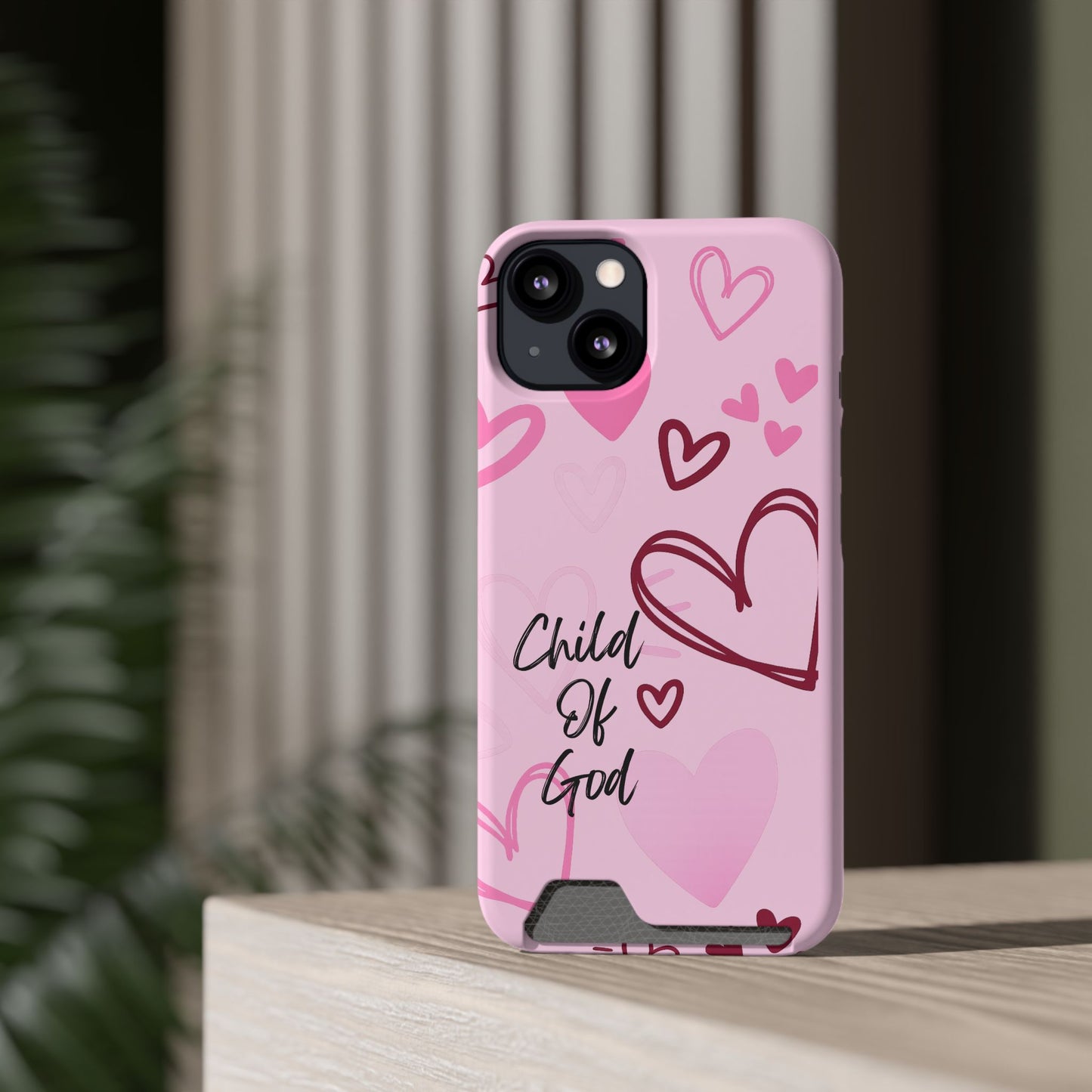 Pink "Child of God" Phone Card Case — Heart Pattern Religious Phone Case with Card Holder
