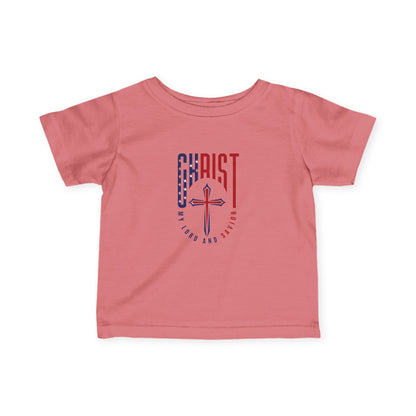 Infant Tee — "Christ Is Lord" Red & Blue Cross Baby Shirt