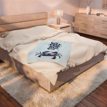 Velveteen Plush Blanket - "Holy Crab God Is Good" Patriotic Crab Throw (4th of July, Coastal Beach Gift)