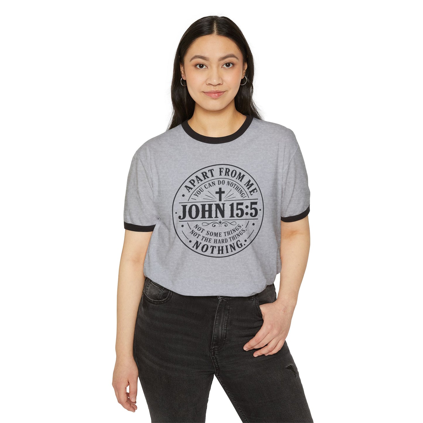 John 15:5 Faith Ringer T‑Shirt — Christian Scripture Tee