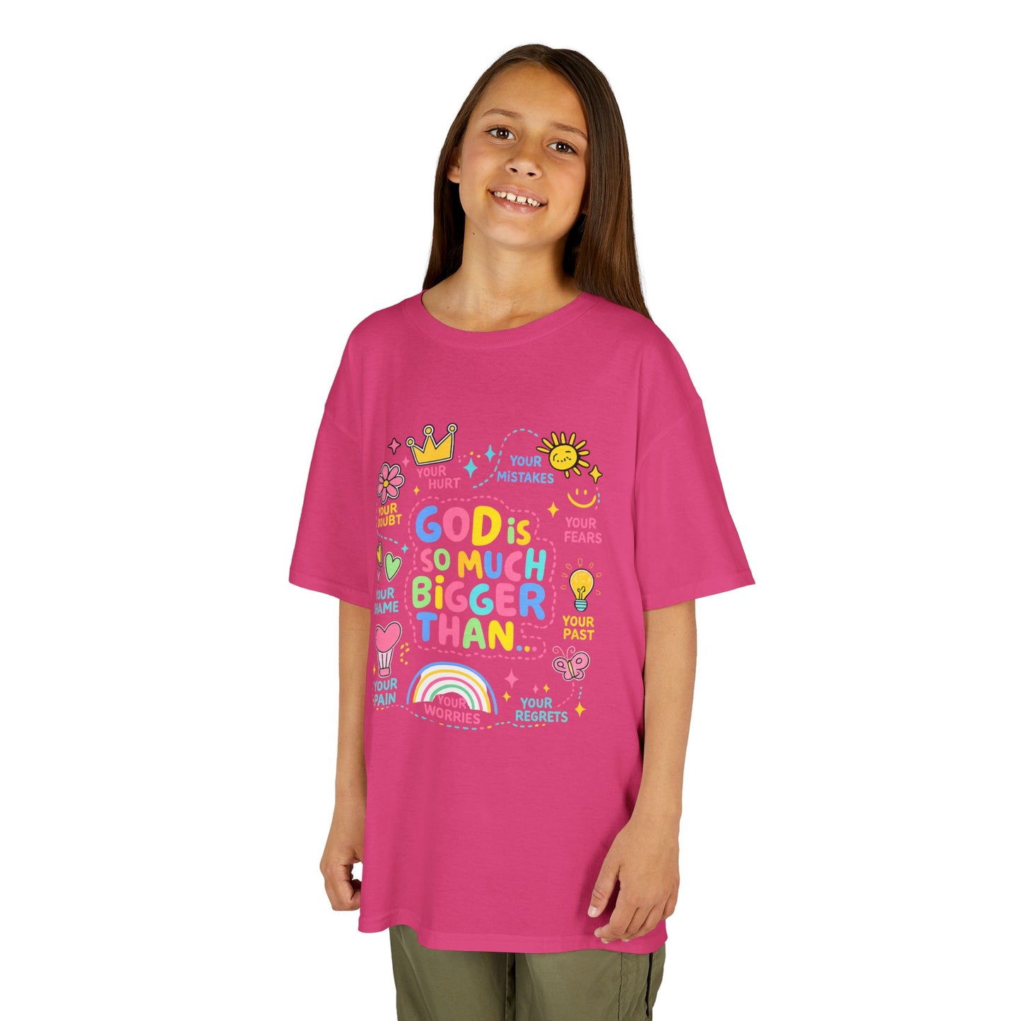 UNISEX Kids Tee — "God Is So Much Bigger Than" Colorful Faith Graphic