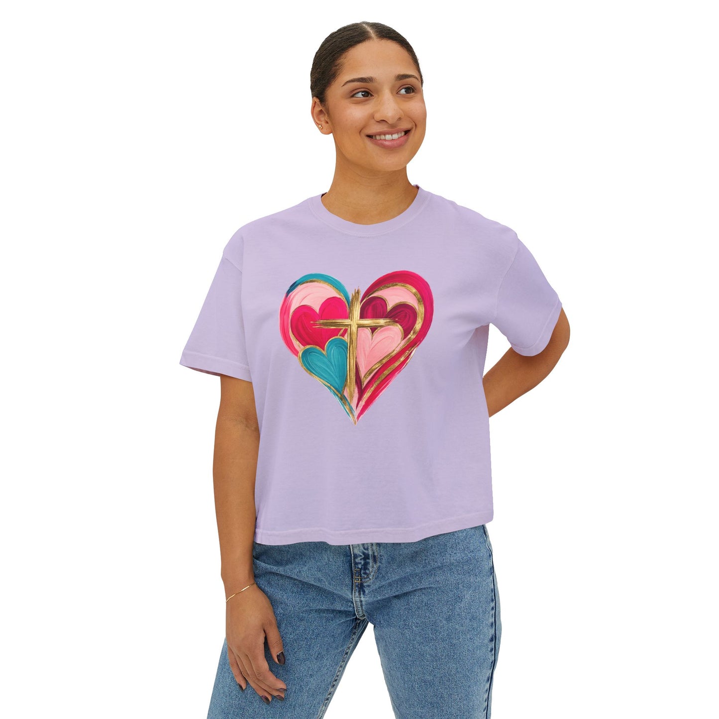 Heart Cross Women's Boxy Tee — Colorful Watercolor Heart Graphic