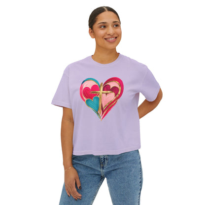Heart Cross Women's Boxy Tee — Colorful Watercolor Heart Graphic