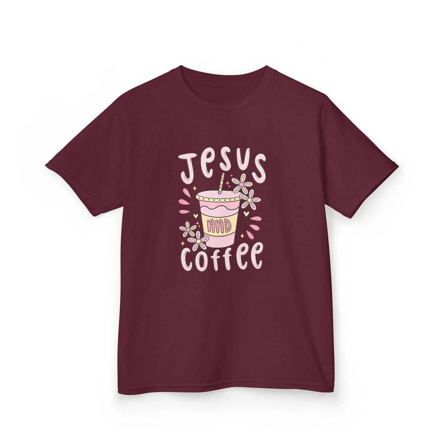 Kids Tee — “Jesus & Coffee” Cute Pastel Faith Graphic