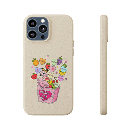 Biodegradable Phone Case — Cute Flamingo & Fruit Hearts "Fruity Love" Eco-Friendly iPhone Cover