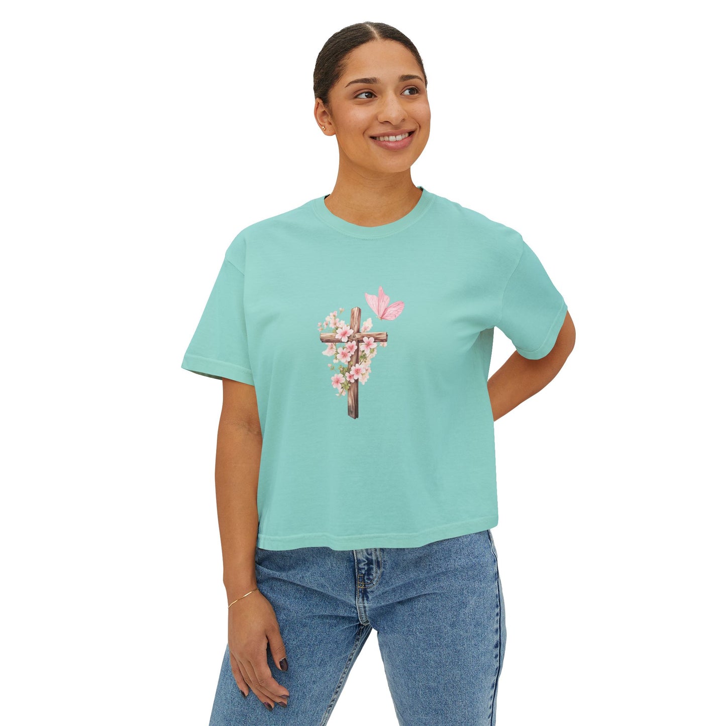Women's Boxy Tee — Pink Floral Cross "Pray" Christian Graphic Shirt