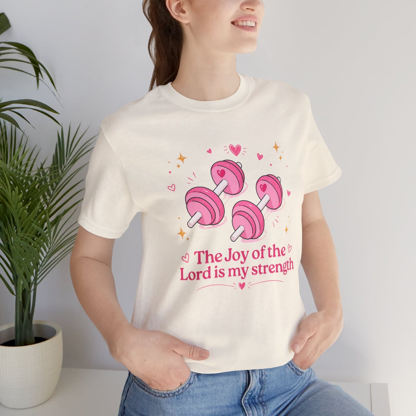 Christian Fitness T-Shirt — “The Joy of the Lord is My Strength” Pink Dumbbells Tee