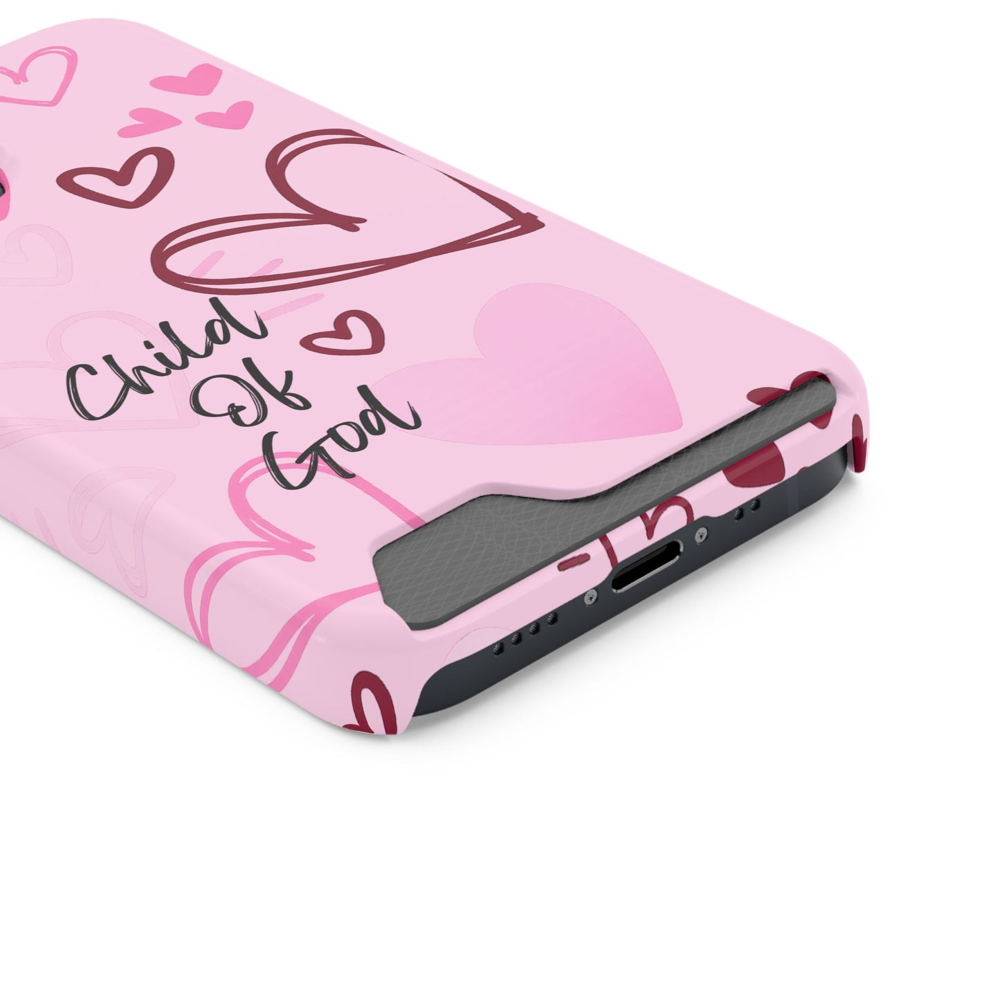 Pink "Child of God" Phone Card Case — Heart Pattern Religious Phone Case with Card Holder