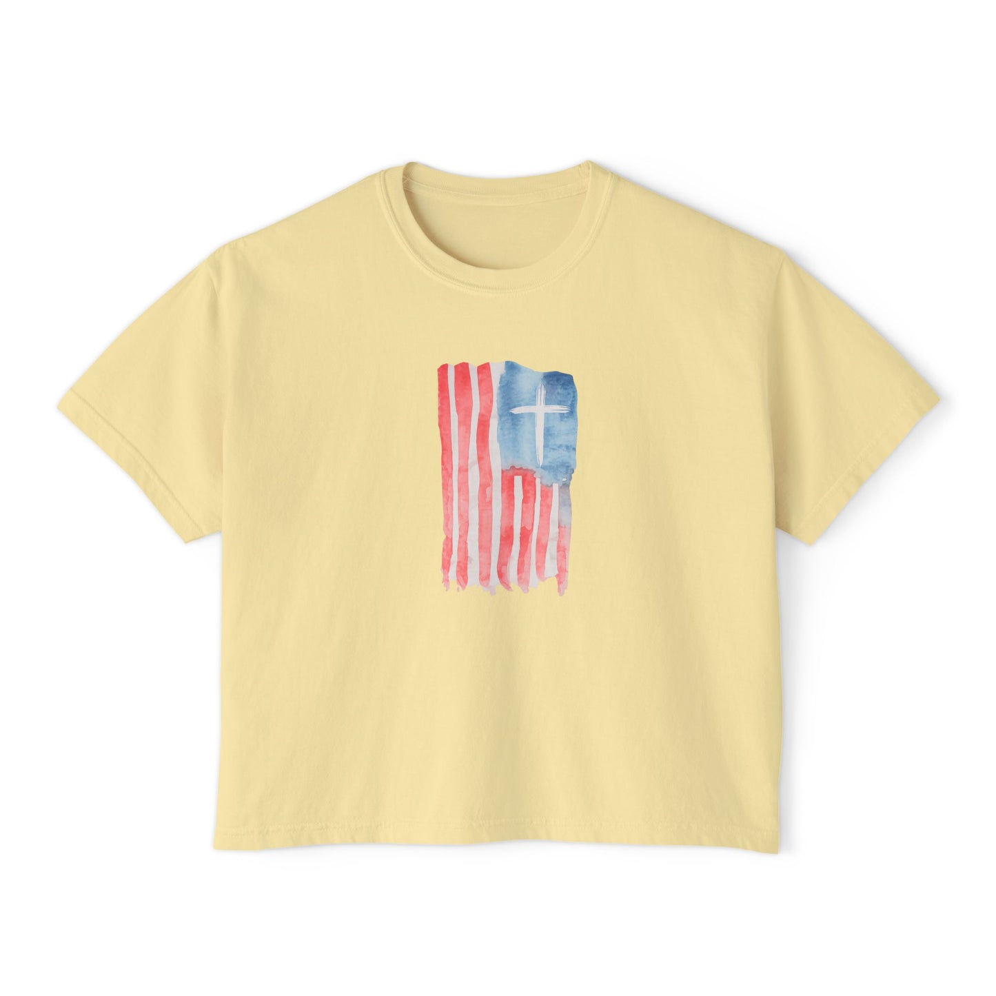 Blessed Tee — Women’s Boxy Christian T-Shirt with Flag Cross (Psalm 33:12)