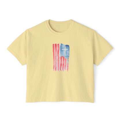 Blessed Tee — Women’s Boxy Christian T-Shirt with Flag Cross (Psalm 33:12)