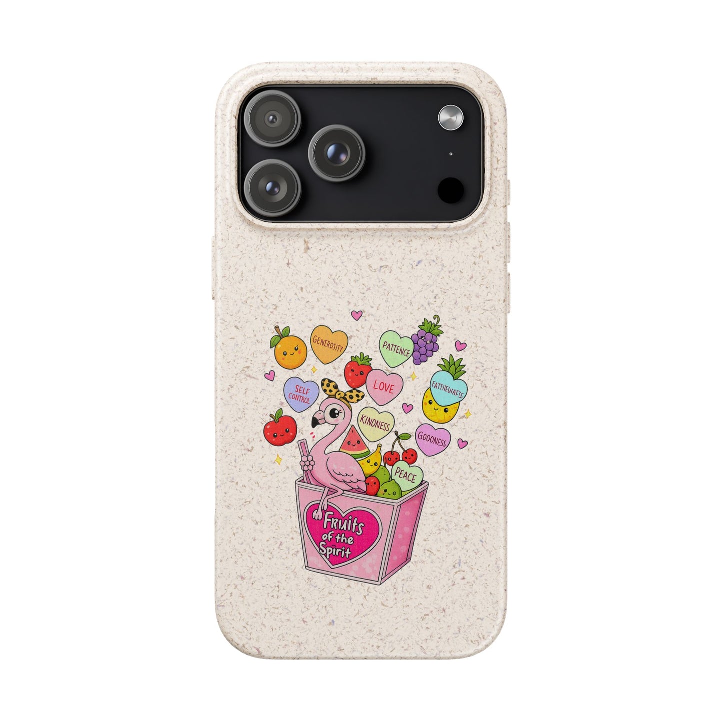 Biodegradable Phone Case — Cute Flamingo & Fruit Hearts "Fruity Love" Eco-Friendly iPhone Cover
