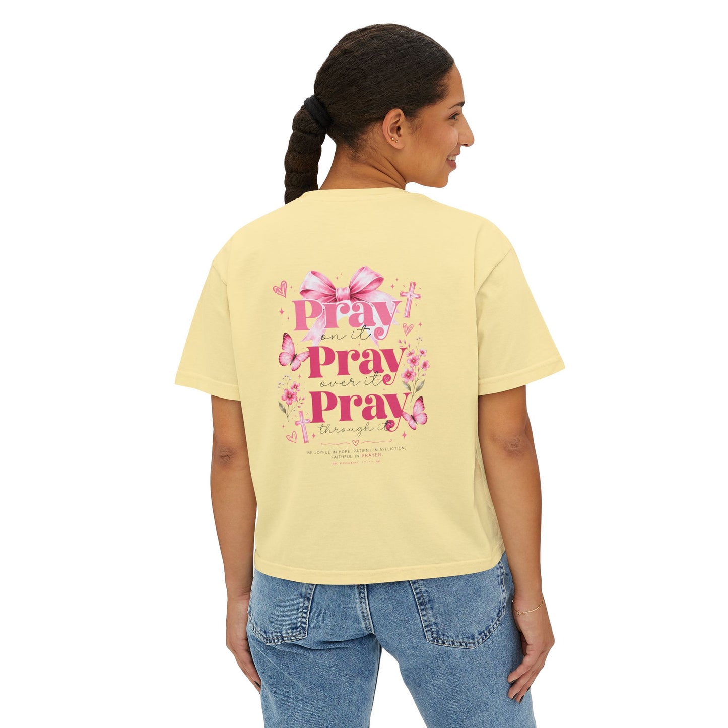 Women's Boxy Tee — Pink Floral Cross "Pray" Christian Graphic Shirt