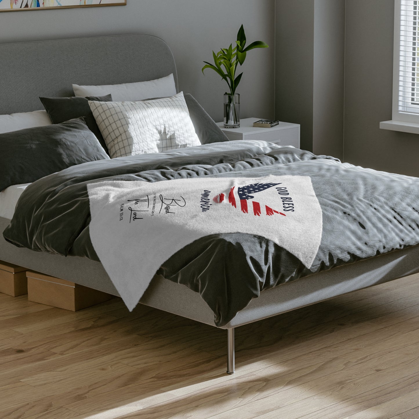 God Bless America Velveteen Blanket – Patriotic Eagle with Psalm 33:12