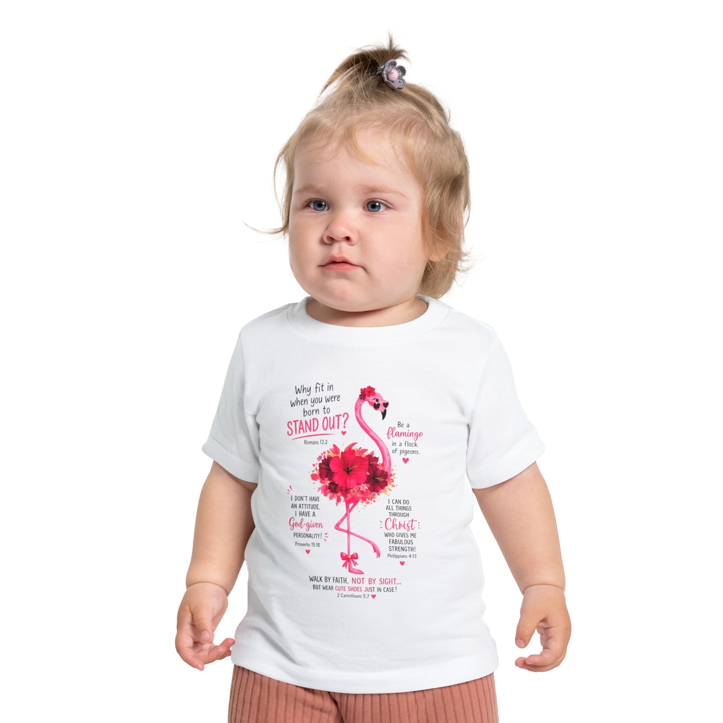 Baby T-Shirt — Pink Flamingo ‘Stand Out’ Christian Design (Jesus + Me)
