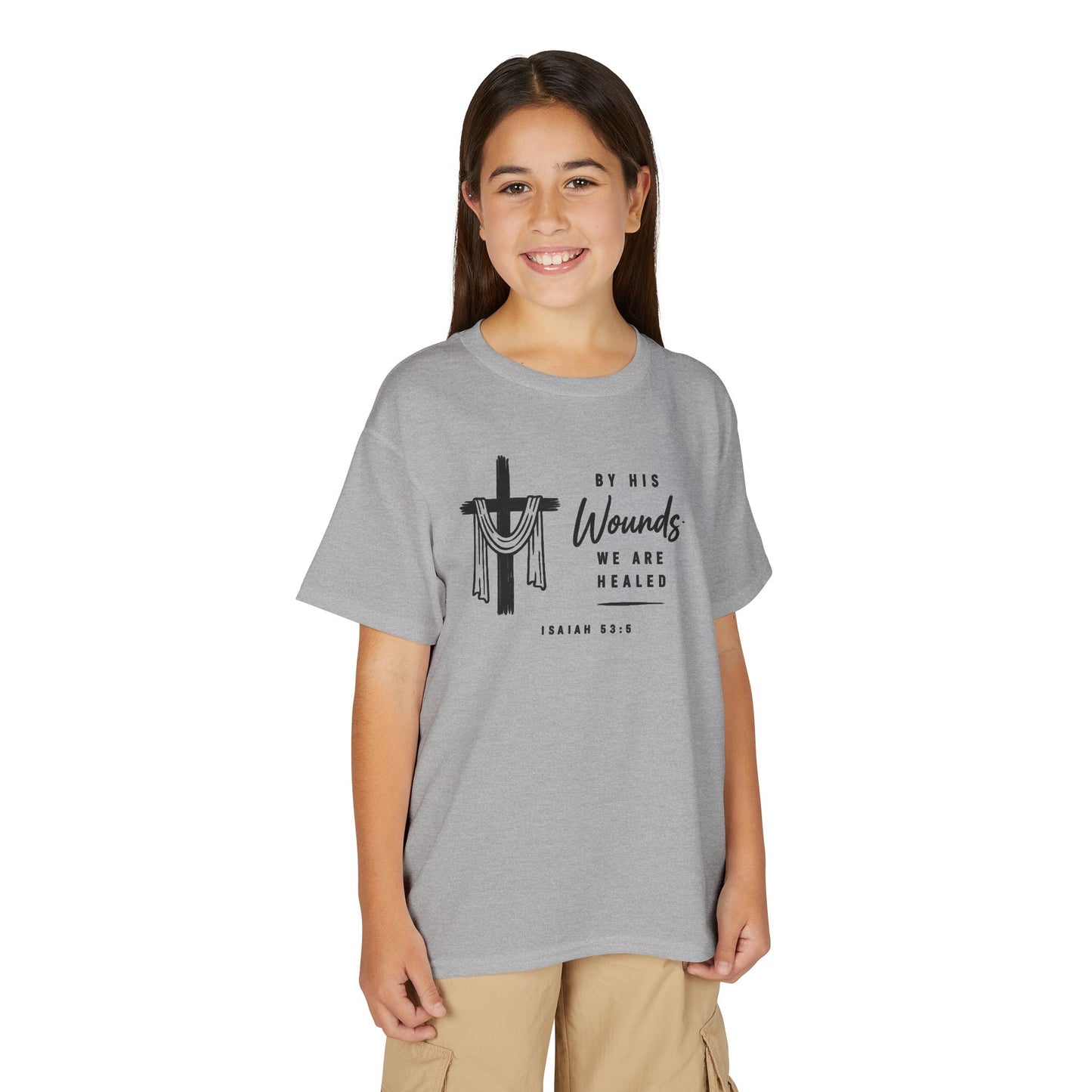 Youth T-Shirt - "By His Wounds We Are Healed" Christian Cross Tee
