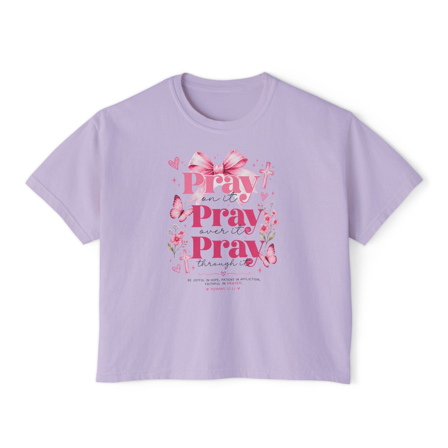 Pray Pray Pray Women's Boxy Tee — Pink Faith Floral Graphic