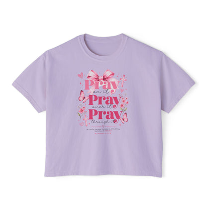Pray Pray Pray Women's Boxy Tee — Pink Faith Floral Graphic