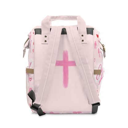 Pink Christian Diaper Backpack — "God Is Good" Baby Bag with Cross & Psalm 147:3 Design