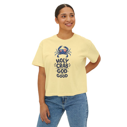 Women’s Boxy Tee — ‘Holy Crab, God Is Good’ Nautical Christian Tee
