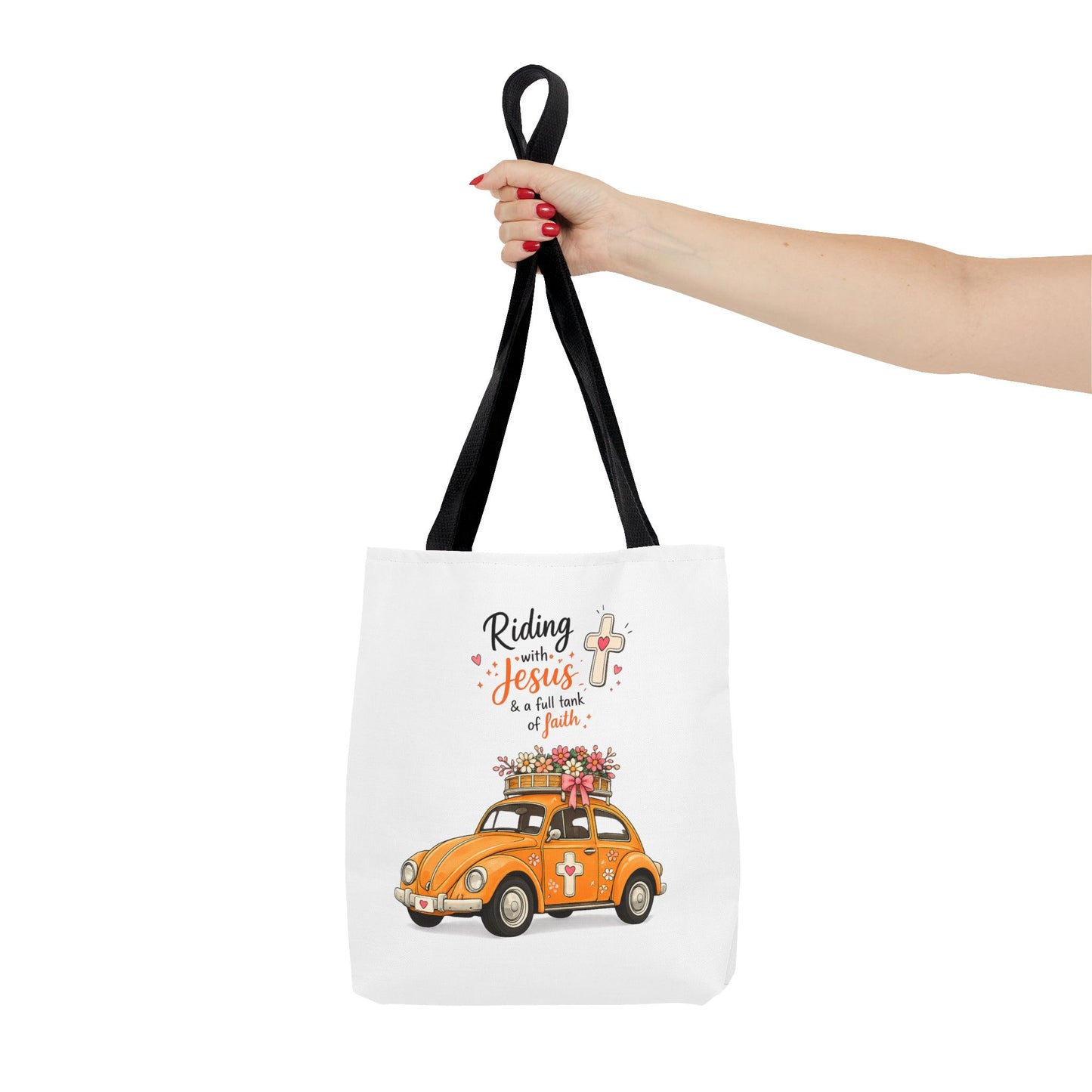 Christian Tote Bag — “Riding with Jesus” Floral Beetle Illustration