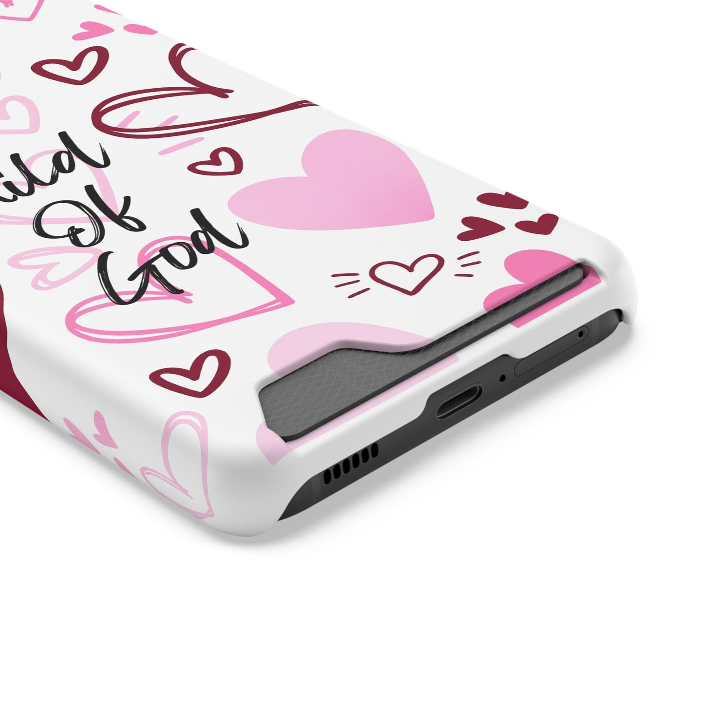 Phone Case — "Child of God" Card Holder Case, Pink Hearts Christian Phone Cover
