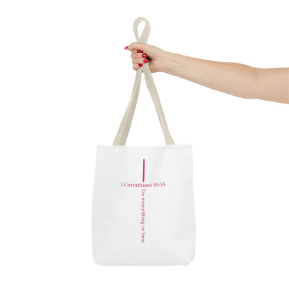 Christian Tote Bag — I Corinthians 16:14 'Do Everything in Love' Cross Design