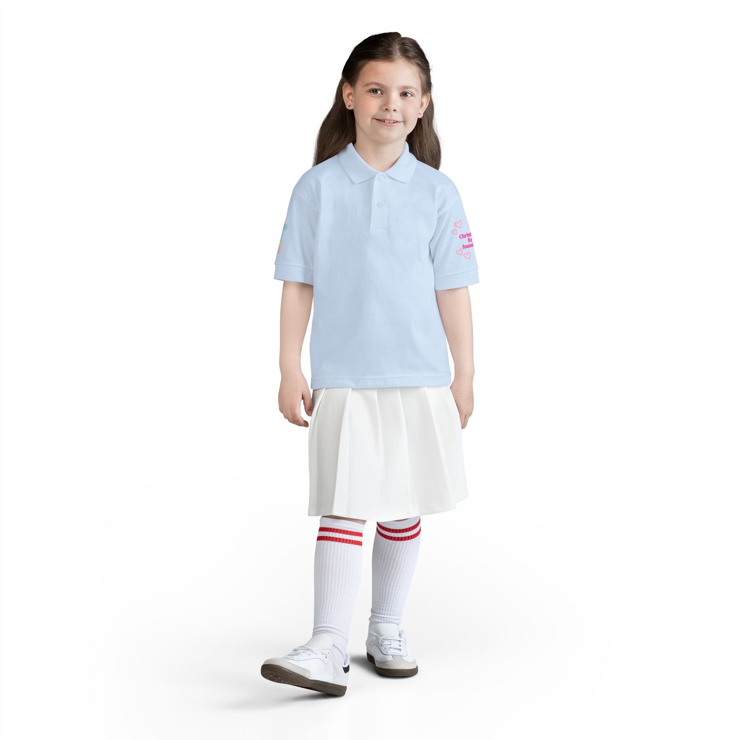 Youth Polo Shirt — Pink Floral Flamingo Kids' Polo (Hearts & Colorful Sleeves)