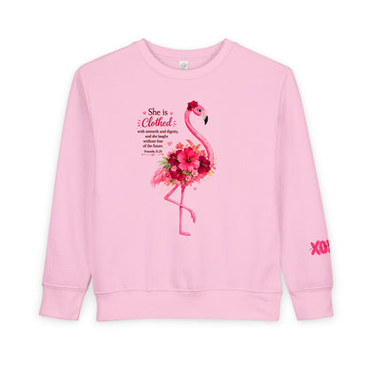 Toddler Sweatshirt - Pink Floral Flamingo "She is clothed" Valentine XOXO