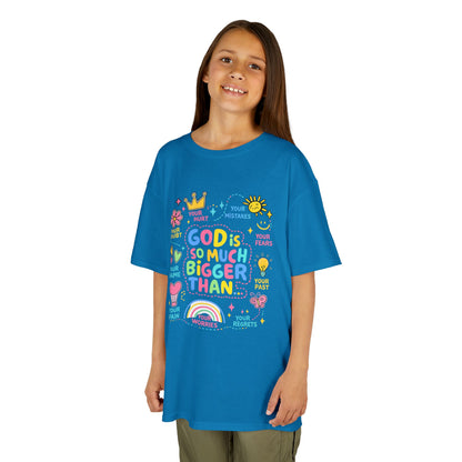 UNISEX Kids Tee — "God Is So Much Bigger Than" Colorful Faith Graphic