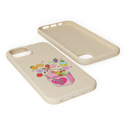 Biodegradable Phone Case — Cute Flamingo & Fruit Hearts "Fruity Love" Eco-Friendly iPhone Cover