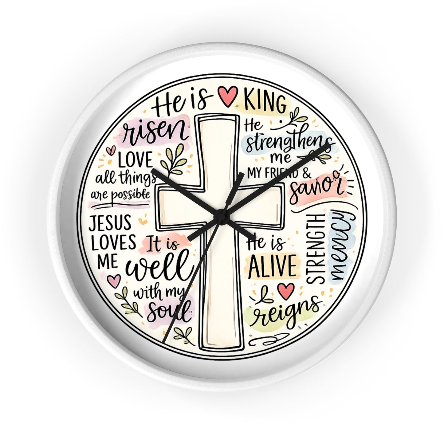 Christian Cross Wall Clock — Inspirational Scripture Quote Home Decor (He is Risen • It Is Well • Jesus Loves Me)