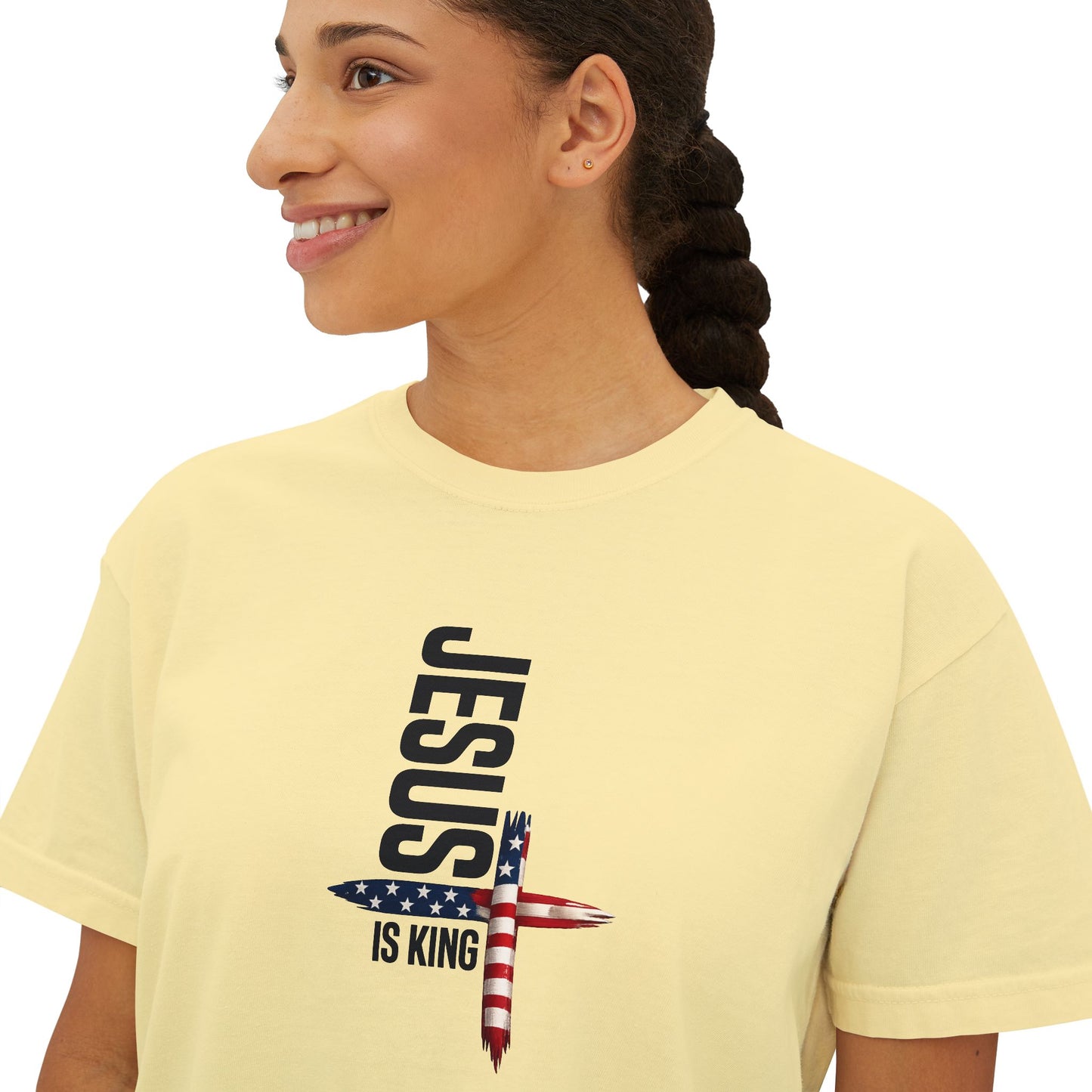 Jesus Is King American Flag Cross Women's Boxy Tee