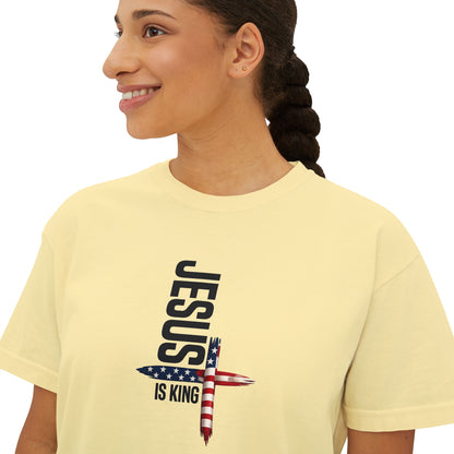 Jesus Is King American Flag Cross Women's Boxy Tee