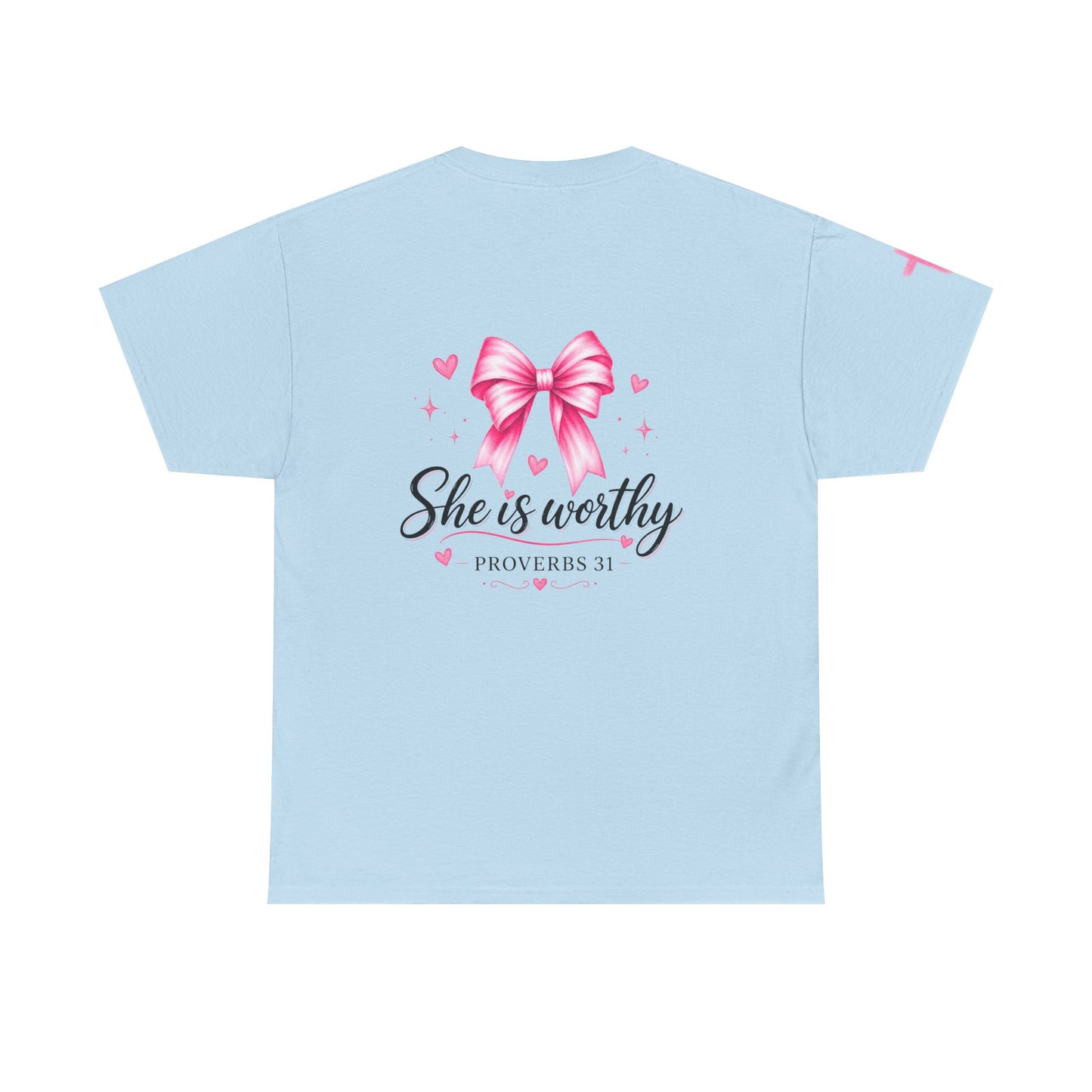She Is Worthy T-Shirt — "I Know Jesus Loves Me" Pink Bow Christian Tee (Proverbs 31)