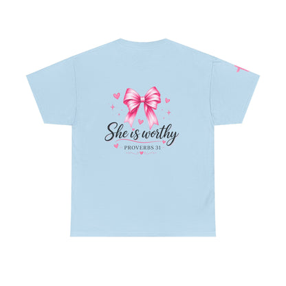 She Is Worthy T-Shirt — "I Know Jesus Loves Me" Pink Bow Christian Tee (Proverbs 31)