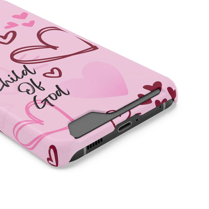 Pink "Child of God" Phone Card Case — Heart Pattern Religious Phone Case with Card Holder