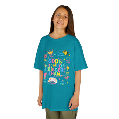 UNISEX Kids Tee — "God Is So Much Bigger Than" Colorful Faith Graphic