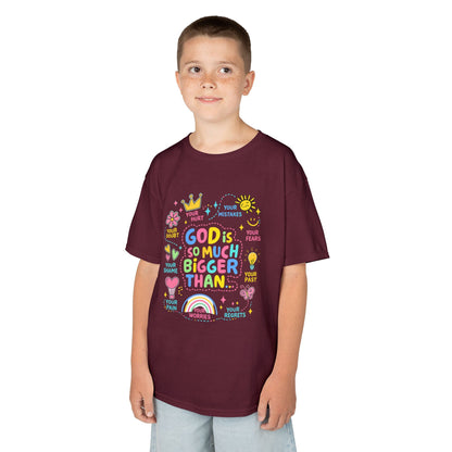 UNISEX Kids Tee — "God Is So Much Bigger Than" Colorful Faith Graphic