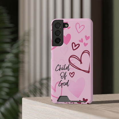 Pink "Child of God" Phone Card Case — Heart Pattern Religious Phone Case with Card Holder