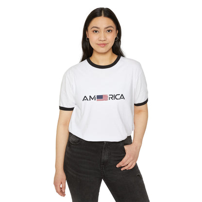 America Ringer T-Shirt — Vintage Flag "One Nation Under God" Patriotic Tee