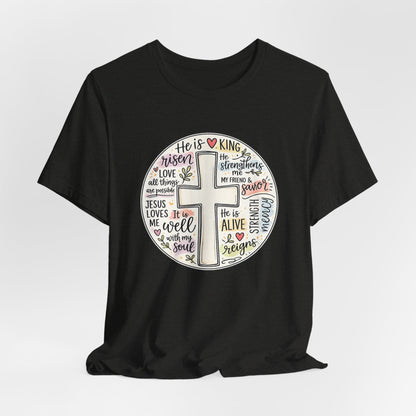 Christian Cross Faith T-Shirt — He Is Risen Inspirational Graphic Tee