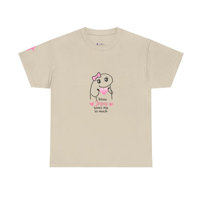 She Is Worthy T-Shirt — "I Know Jesus Loves Me" Pink Bow Christian Tee (Proverbs 31)