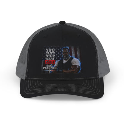 Men's Trucker Cap – "You Can't Stop What God Got Planned" Inspirational Patch Snapback
