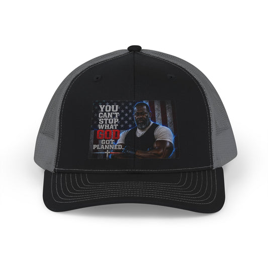 Men's Trucker Cap – "You Can't Stop What God Got Planned" Inspirational Patch Snapback