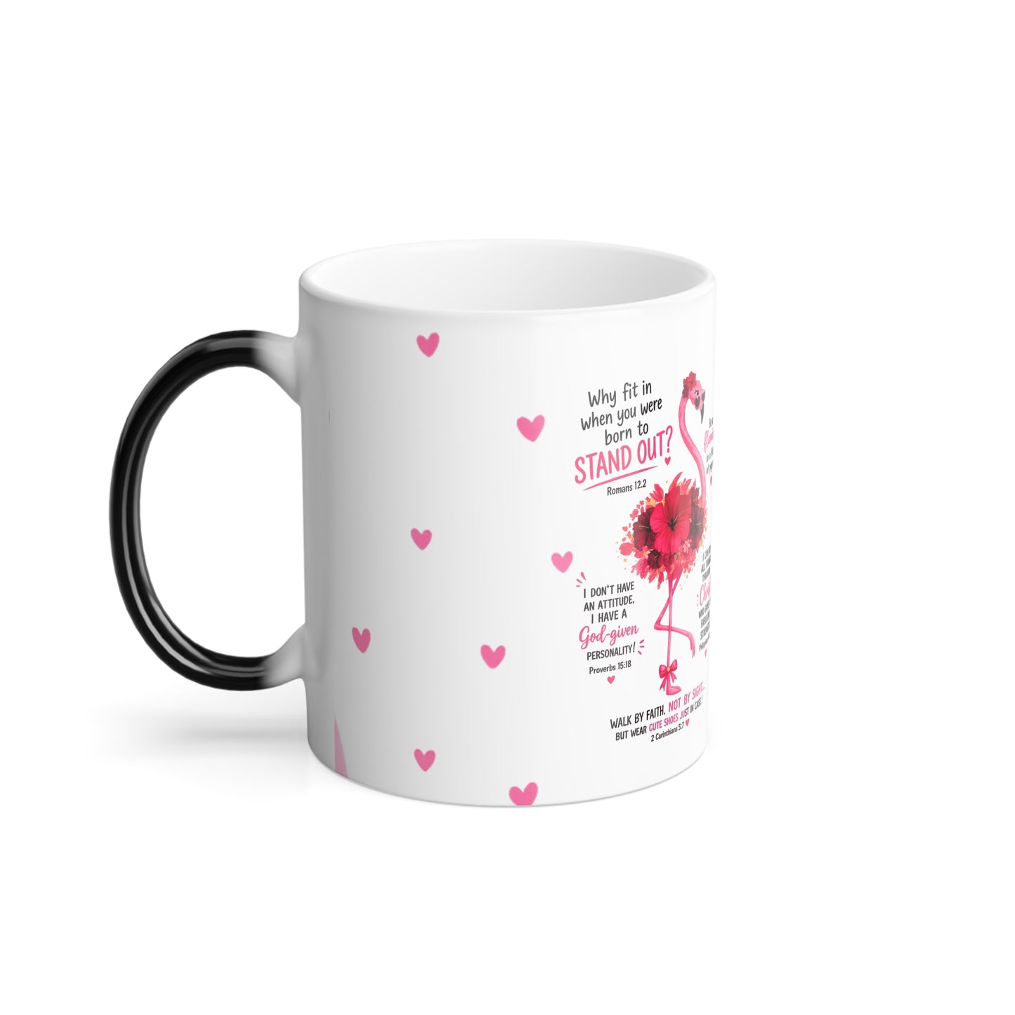 Color-Changing Flamingo Mug — 11oz Heat Reveal Coffee Cup (Pink Hearts)