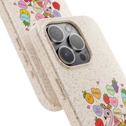 Biodegradable Phone Case — Cute Flamingo & Fruit Hearts "Fruity Love" Eco-Friendly iPhone Cover