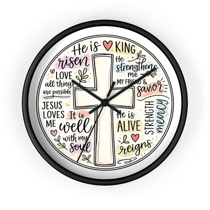 Christian Cross Wall Clock — Inspirational Scripture Quote Home Decor (He is Risen • It Is Well • Jesus Loves Me)