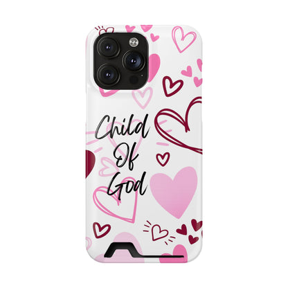 Phone Case — "Child of God" Card Holder Case, Pink Hearts Christian Phone Cover