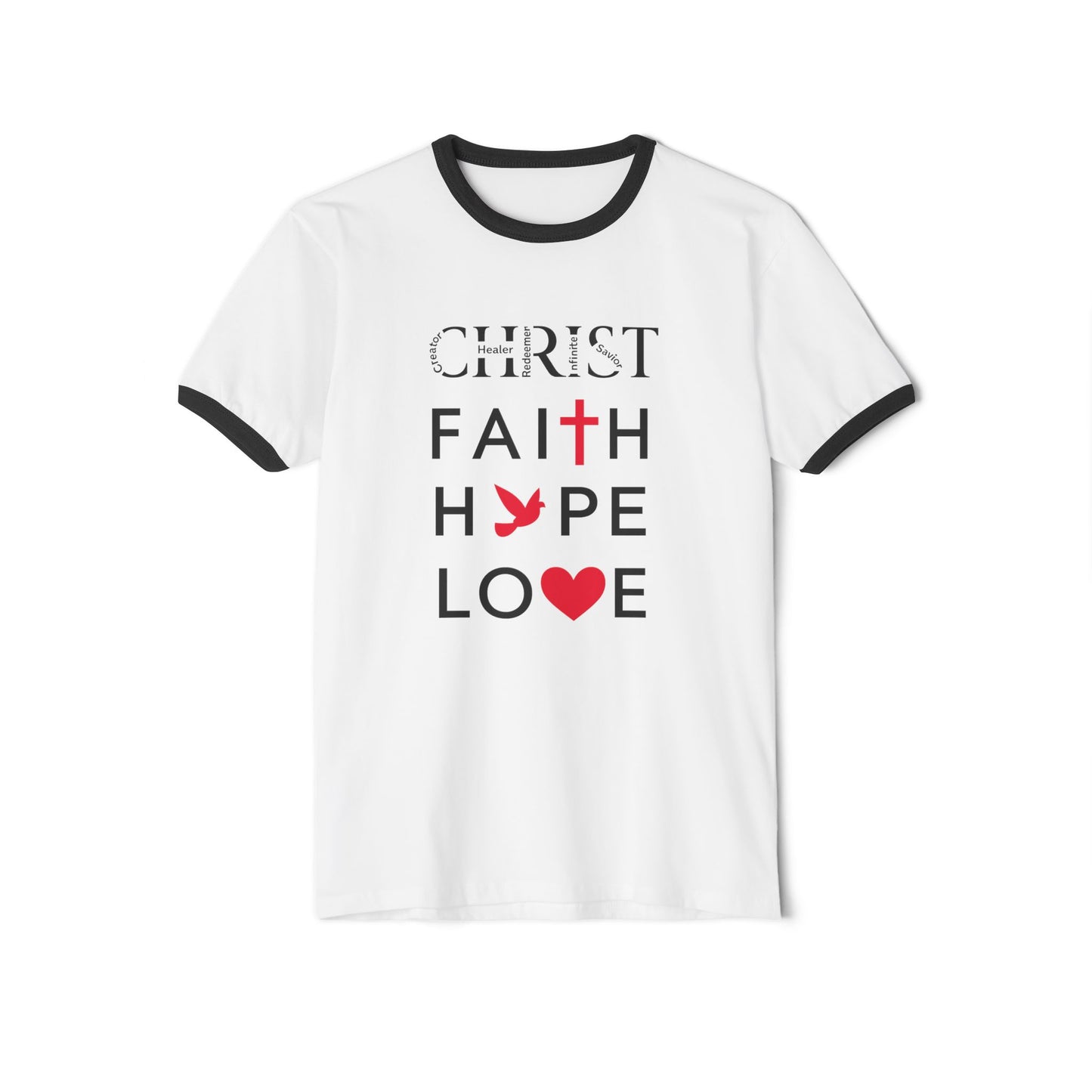Christian Ringer T-Shirt — 'CHRIST' Front / 'JESUS' Back Religious Tee